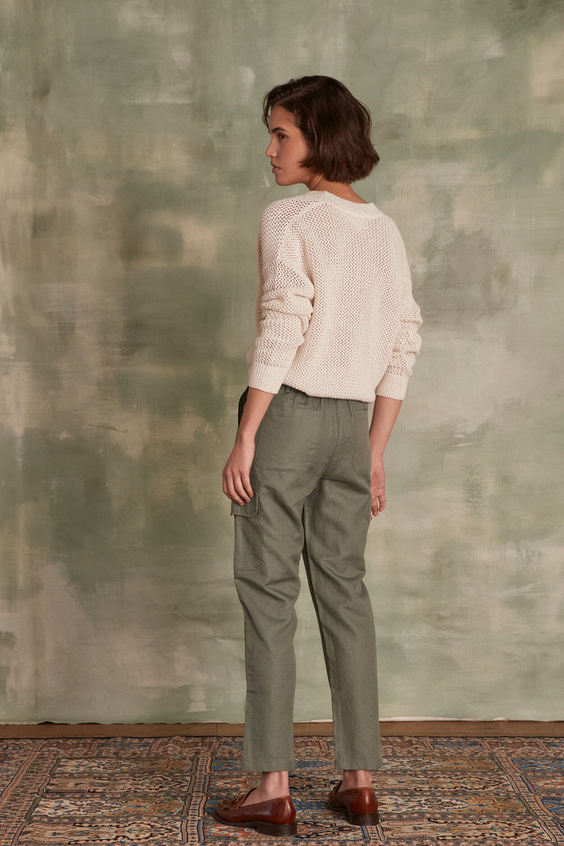 PACO ALMOND GREEN LINEN CARGO TROUSERS