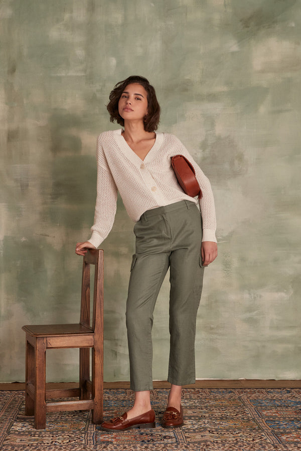 PACO ALMOND GREEN LINEN CARGO TROUSERS