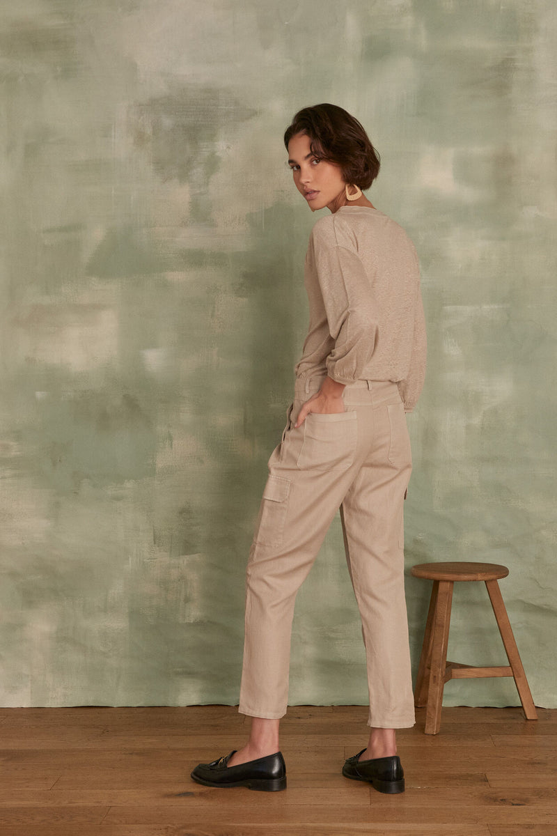 PACO BEIGE LINEN CARGO TROUSERS