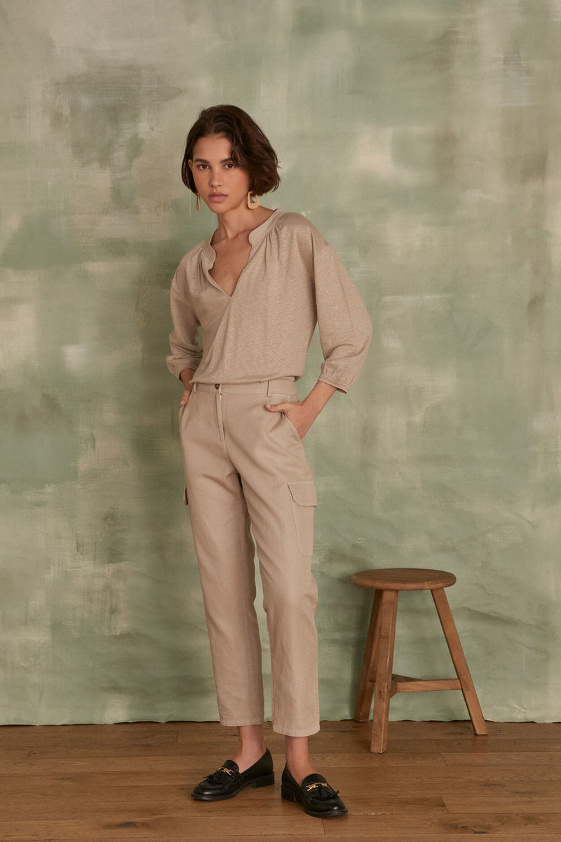 PACO BEIGE LINEN CARGO TROUSERS