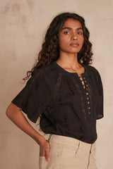 CHERRY BLACK BUTTONED LACE BLOUSE