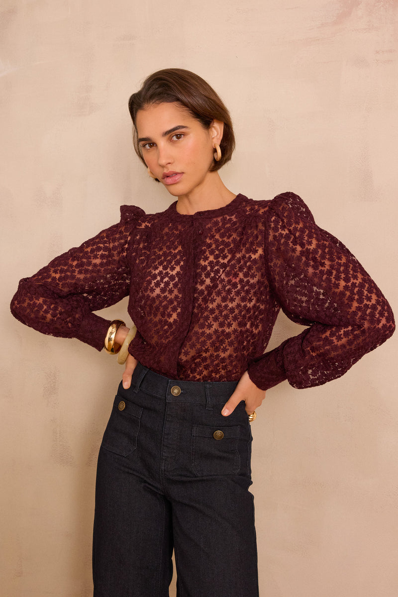 CAMOMILE AUBERGINE EMBROIDERED BLOUSE
