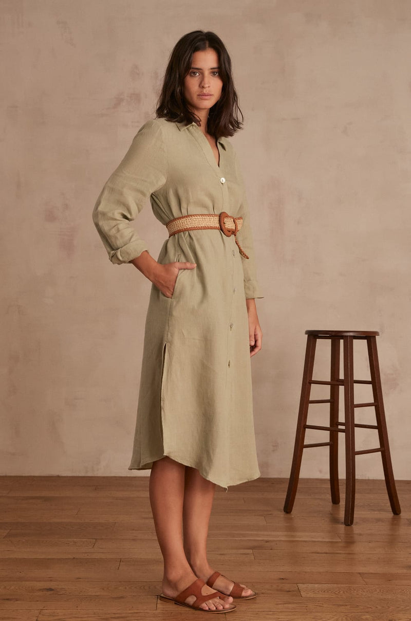 AICHA ALMOND GREEN LINEN SHIRT DRESS