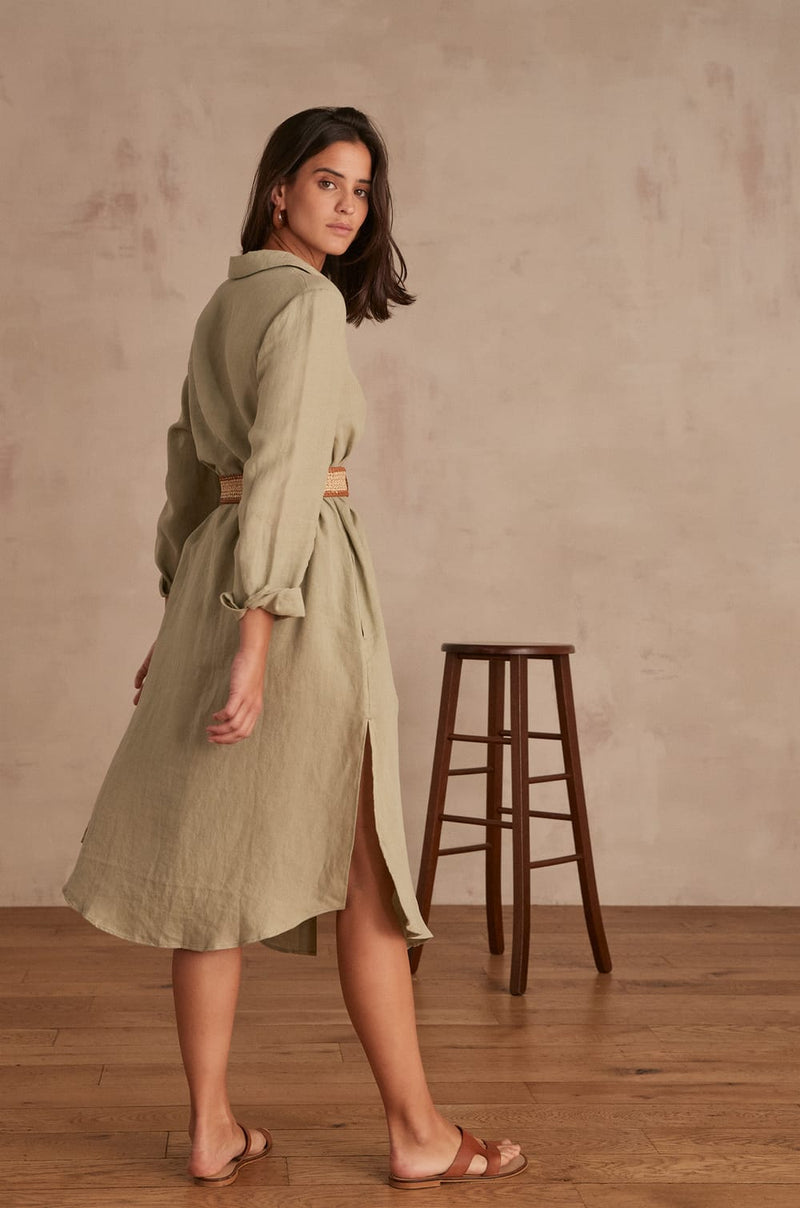 AICHA ALMOND GREEN LINEN SHIRT DRESS