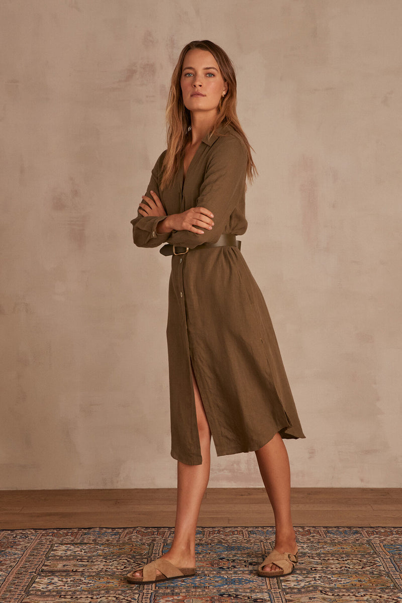 AICHA KAKI LINEN SHIRT DRESS