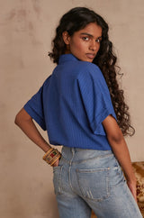 CLARENCE BLUE EMBROIDERED STRIPE BLOUSE