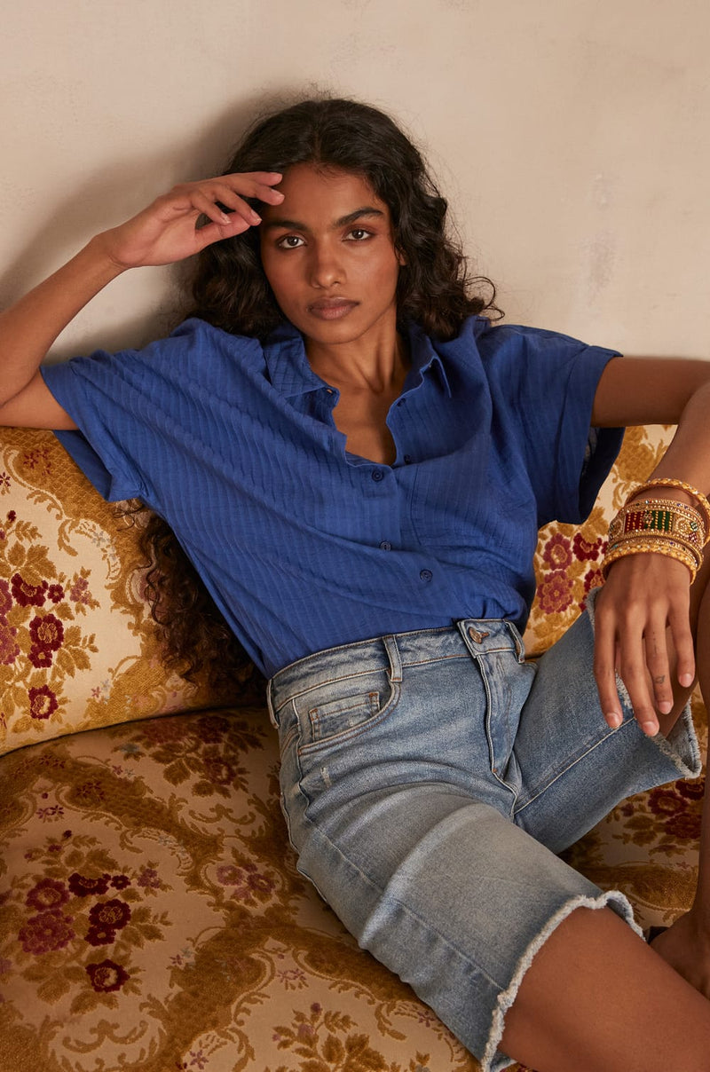 CLARENCE BLUE EMBROIDERED STRIPE BLOUSE