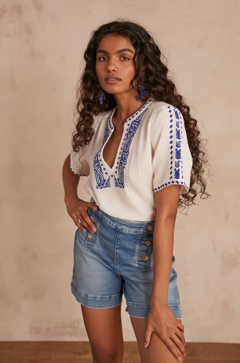 CHAIMA BLUE EMBROIDERED BLOUSE