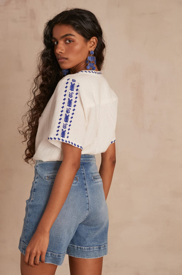 CHAIMA BLUE EMBROIDERED BLOUSE