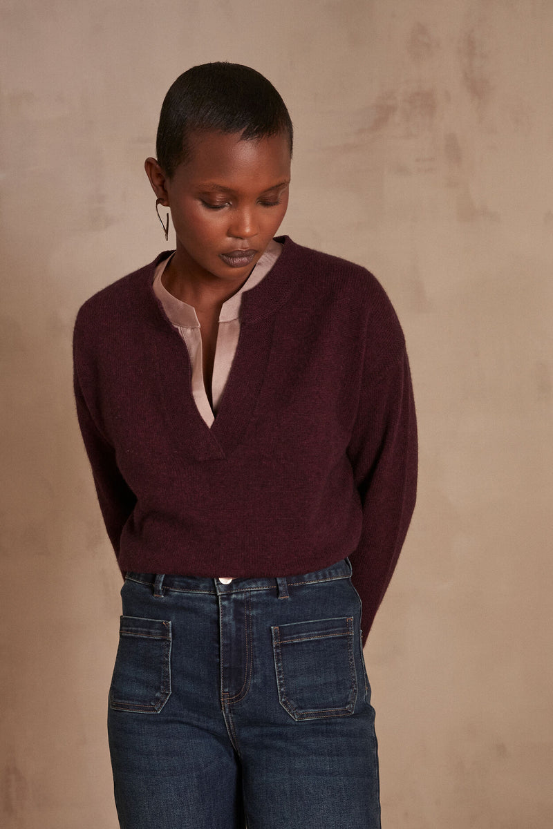 CLEMENT AUBERGINE V-NECK WOOL BLEND JUMPER