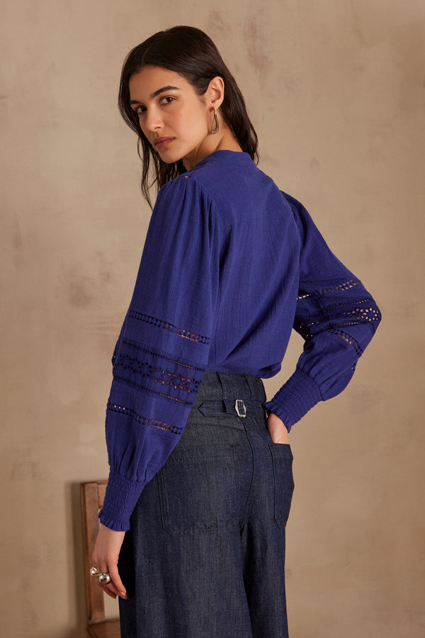 BAILIA ROYAL BLUE EMBROIDERED COTTON BLOUSE