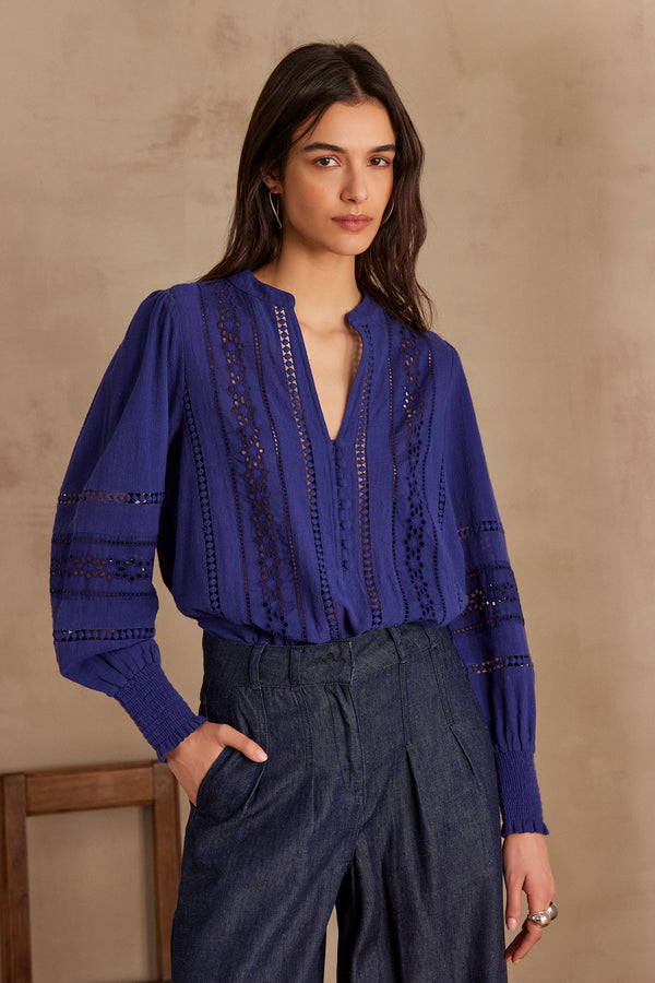 BAILIA ROYAL BLUE EMBROIDERED COTTON BLOUSE
