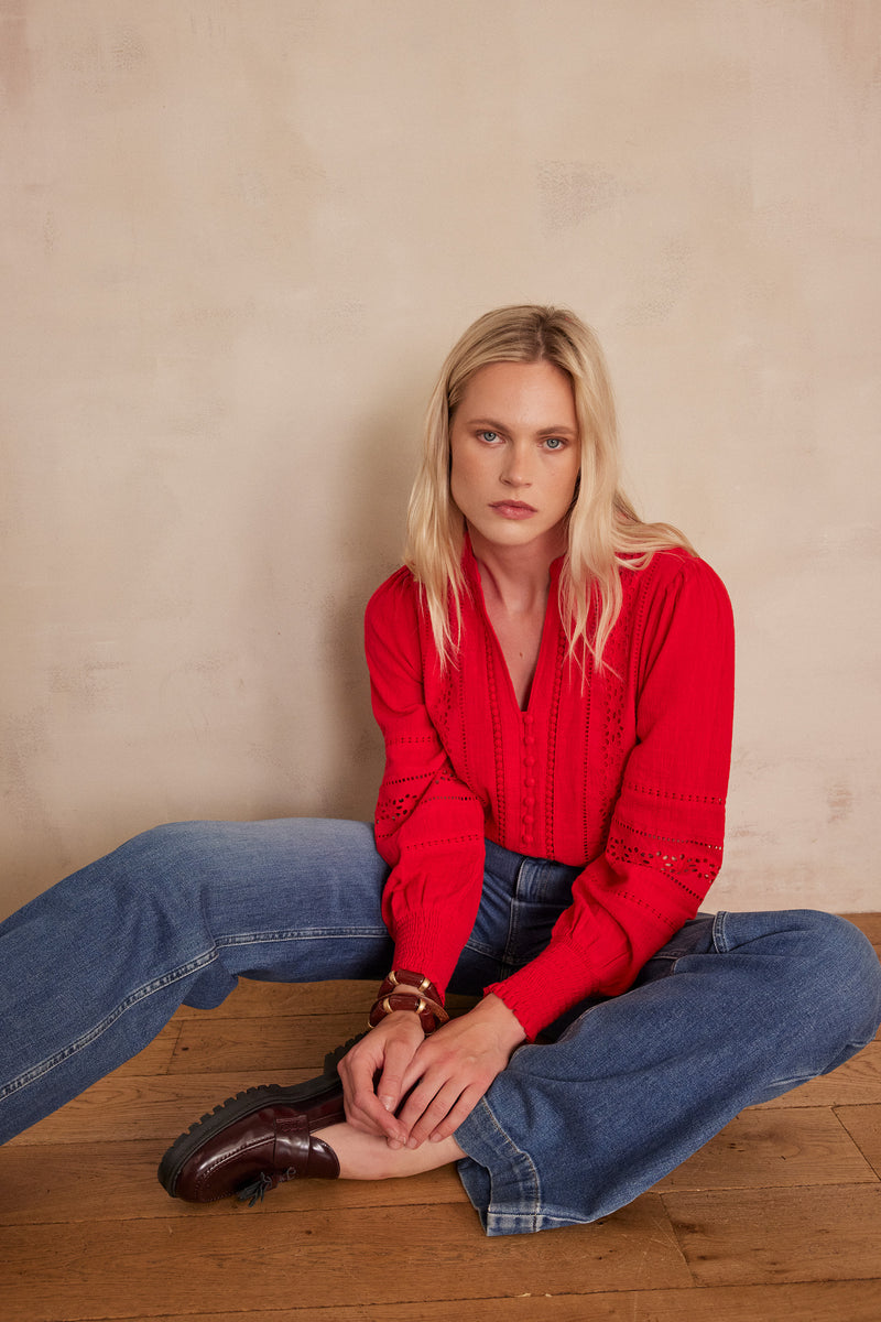 BAILA RED EMBROIDERED COTTON BLOUSE