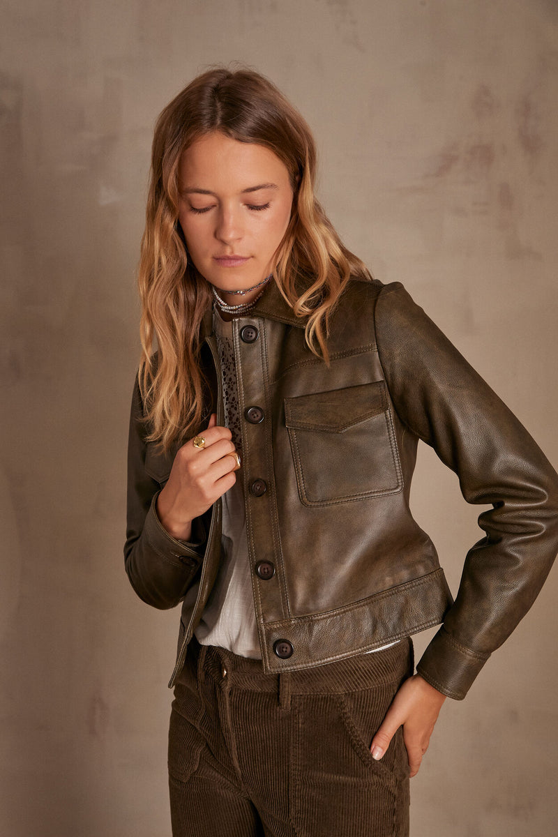 DONNA KHAKI SHORT LEATHER JACKET