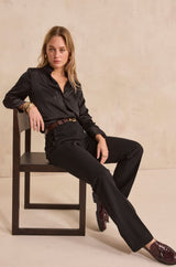 NINON BLACK FLARED MICROFIBER TROUSERS