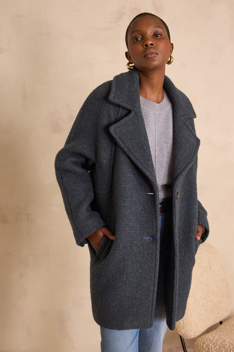 ASSIA DARK TEAL BOUCLE WOOL COAT