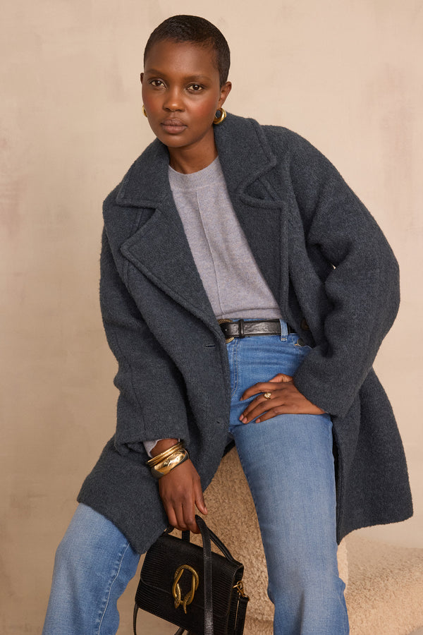 ASSIA DARK TEAL BOUCLE WOOL COAT