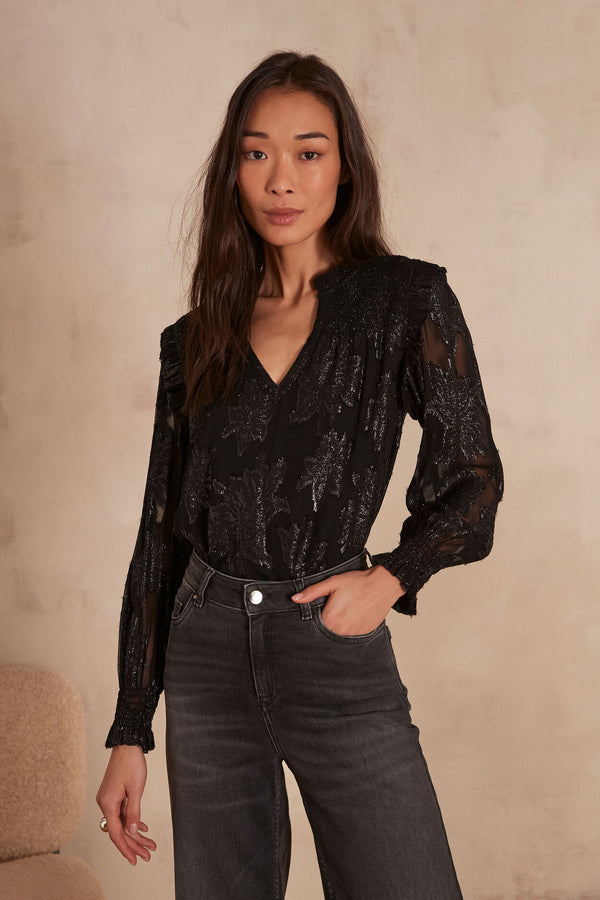 BENIE SHIMMERING FLORAL EMBROIDERY BLOUSE