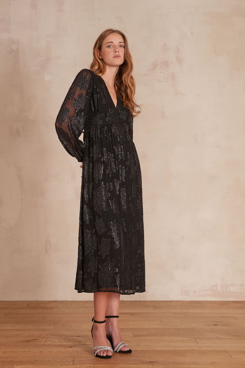 MARJOLAINE SHIMMERING FLORAL EMBROIDERY LONG DRESS