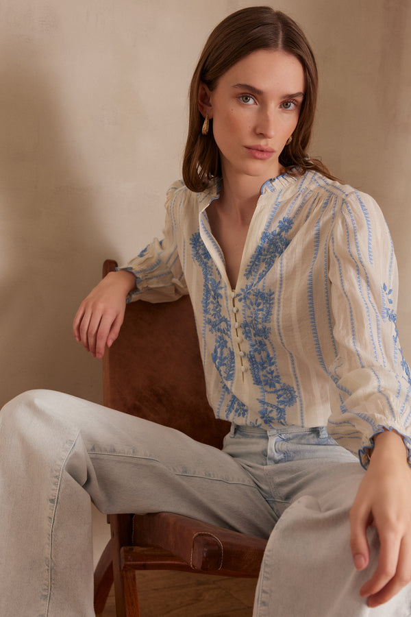 PERRINE AQUA EMBROIDERED BLOUSE