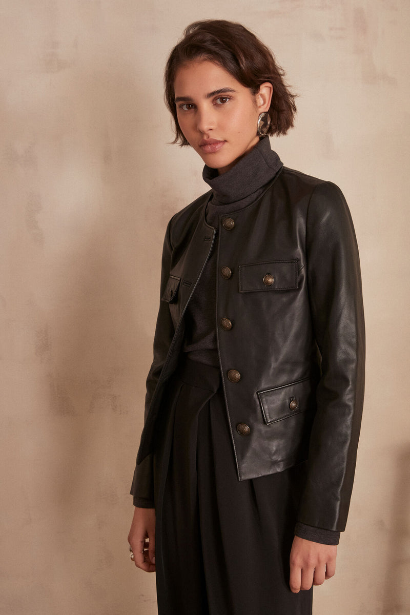 CHARLOTTE COLLARLESS LEATHER JACKET