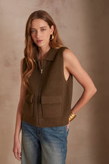 SIMON KHAKI SLEEVELESS WOOL CARDIGAN