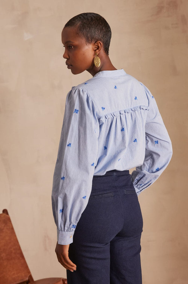 PRISCILE BLUE EMBROIDERED BLOUSE