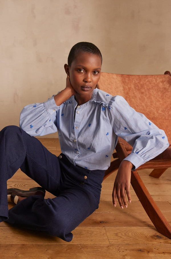 PRISCILE BLUE EMBROIDERED BLOUSE