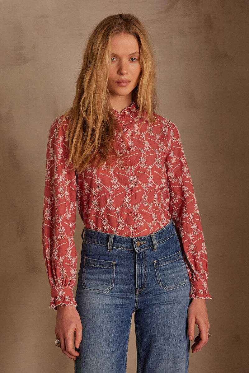 PAULETTE CORAL EMBROIDERED BLOUSE