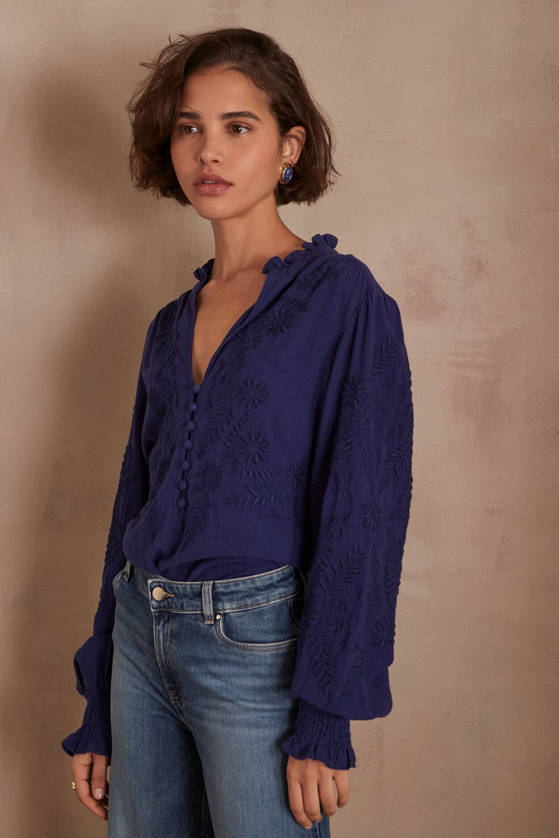 MALIA ROYAL BLUE EMBROIDERED BLOUSE