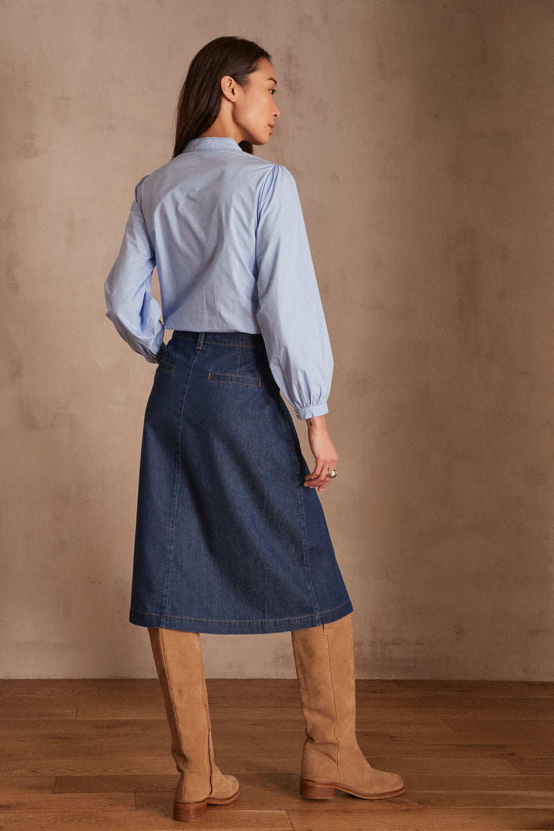 JUSTINE DARK INDIGO BUTTONED DENIM SKIRT