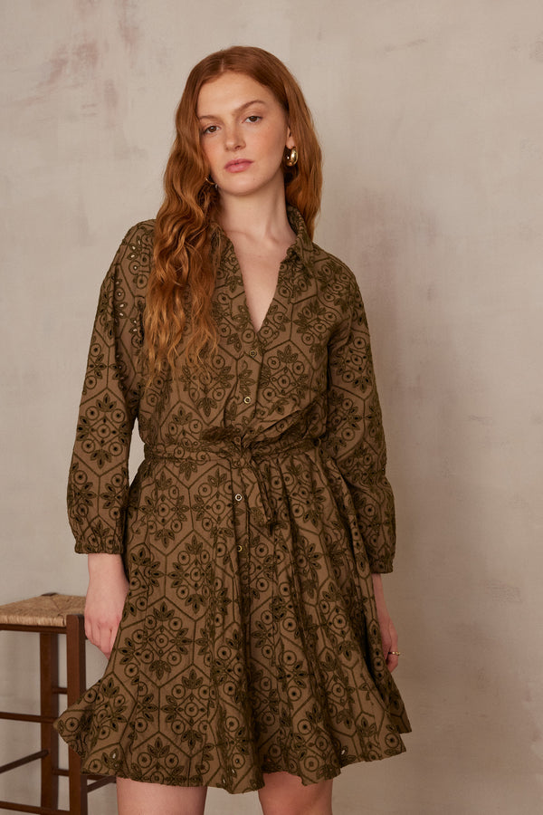 LISE KHAKI EMBROIDERED COTTON DRESS