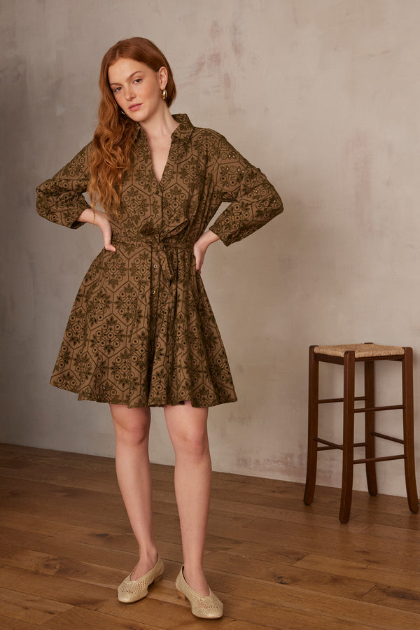 LISE KHAKI EMBROIDERED COTTON DRESS