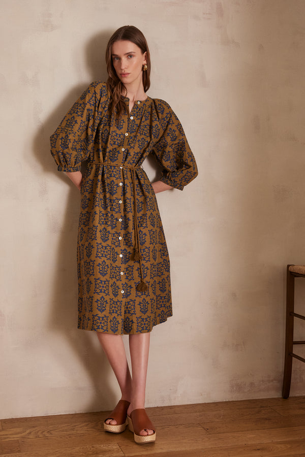 LUNA OLIVE PRINTED COTTON SHIRT DRESS