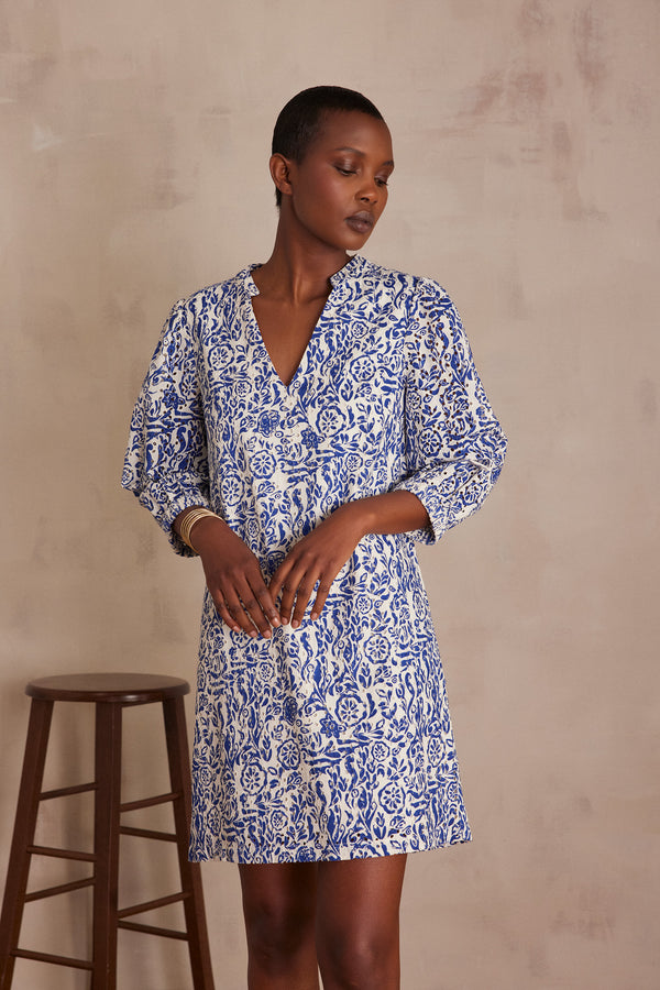 LUMIERE BLUE EMBROIDERED PRINTED DRESS