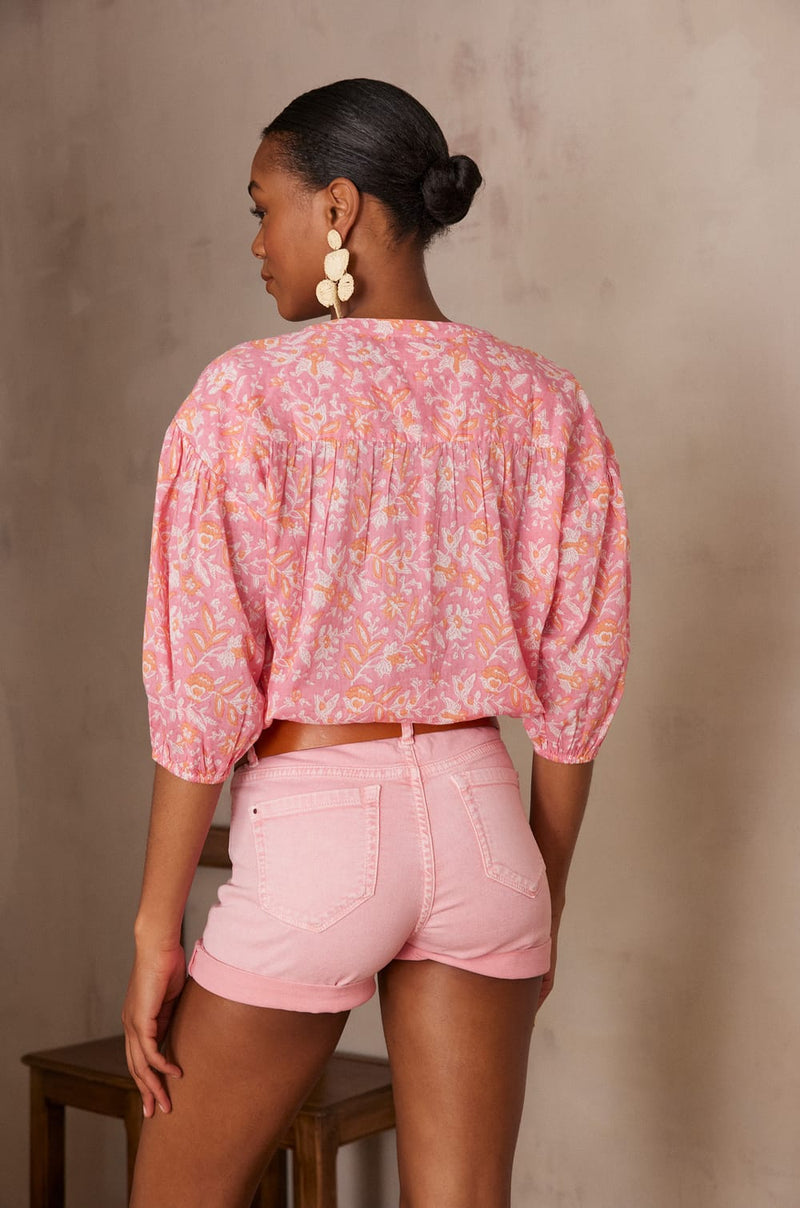 PRANA RASPBERRY PRINTED COTTON BLOUSE