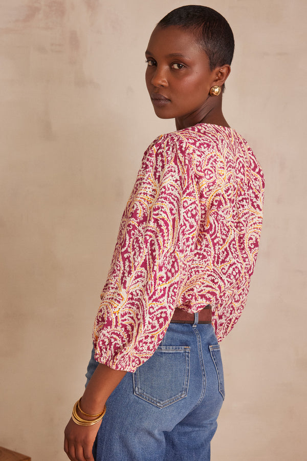 SARAH BOUGAINVILLEA EMBROIDERED COTTON BLOUSE