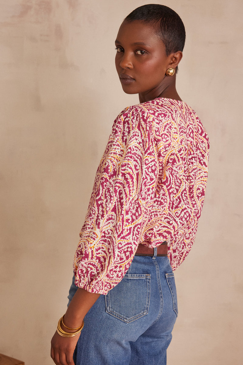 SARAH BOUGAINVILLEA EMBROIDERED COTTON BLOUSE