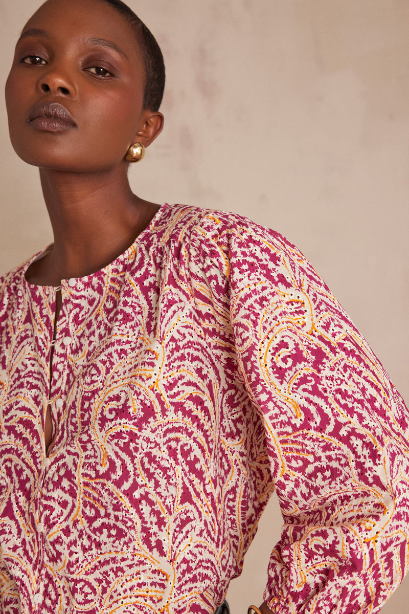 SARAH BOUGAINVILLEA EMBROIDERED COTTON BLOUSE