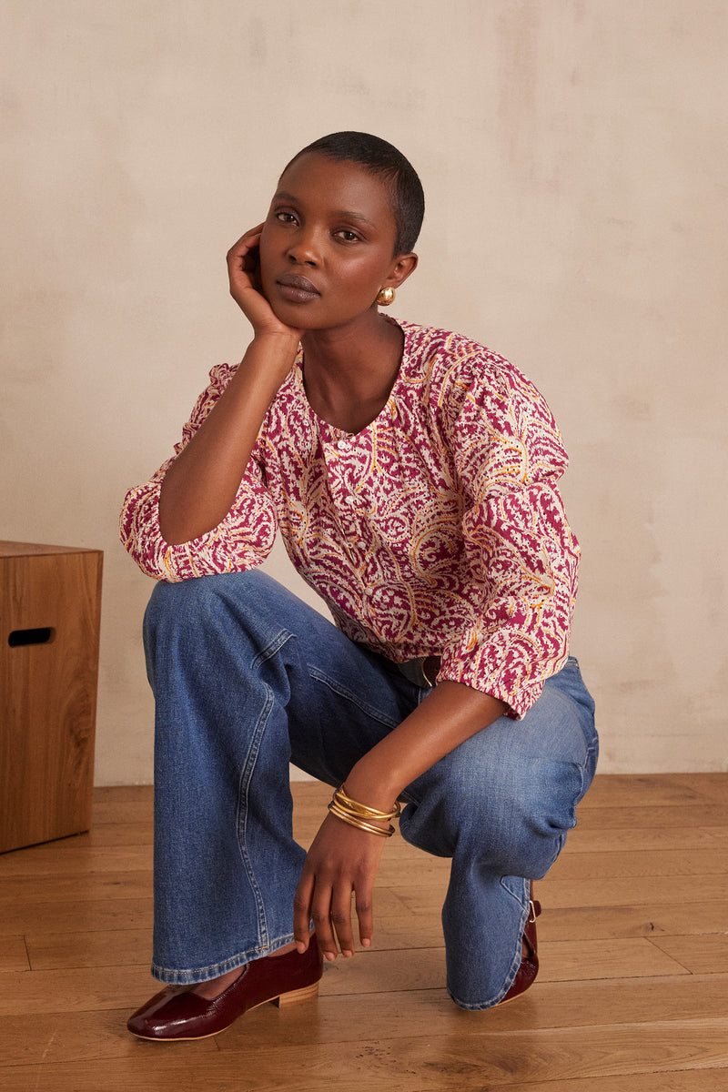 SARAH BOUGAINVILLEA EMBROIDERED COTTON BLOUSE