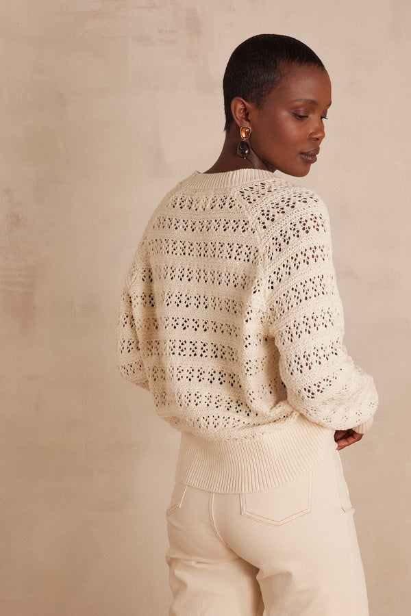 BASILIO CREAM OPENWORK COTTON CARDIGAN