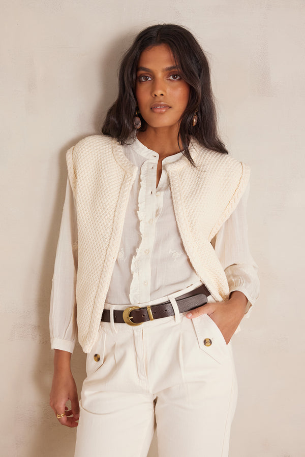 BETSY ECRU SLEEVELESS COTTON CARDIGAN