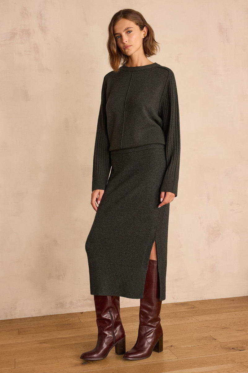 EMILIE PINE GREEN LONG WOOL SKIRT