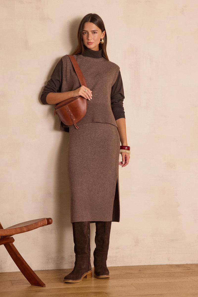 EMILIE DARK TAUPE LONG WOOL SKIRT