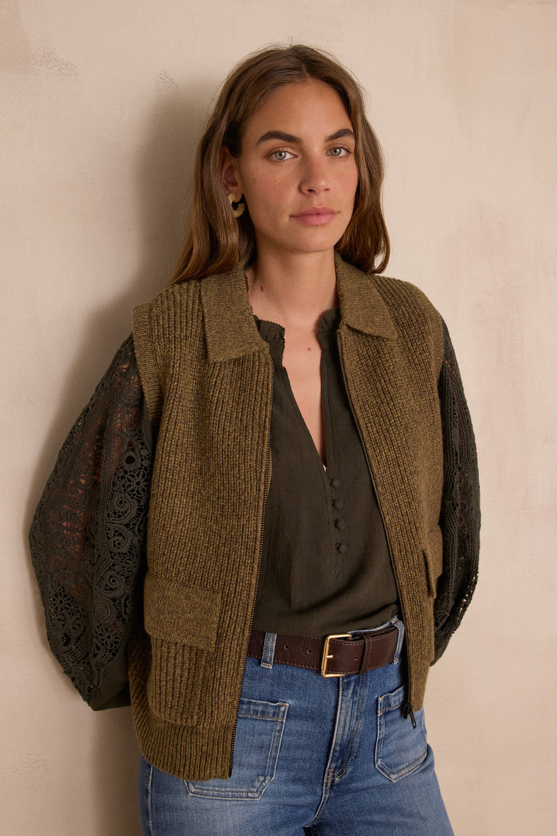 SIMON OLIVE SLEEVELESS CARDIGAN