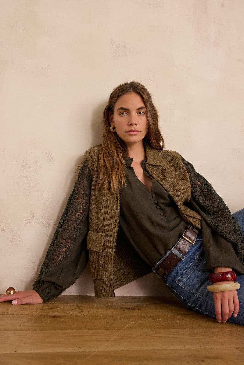 SIMON OLIVE SLEEVELESS CARDIGAN