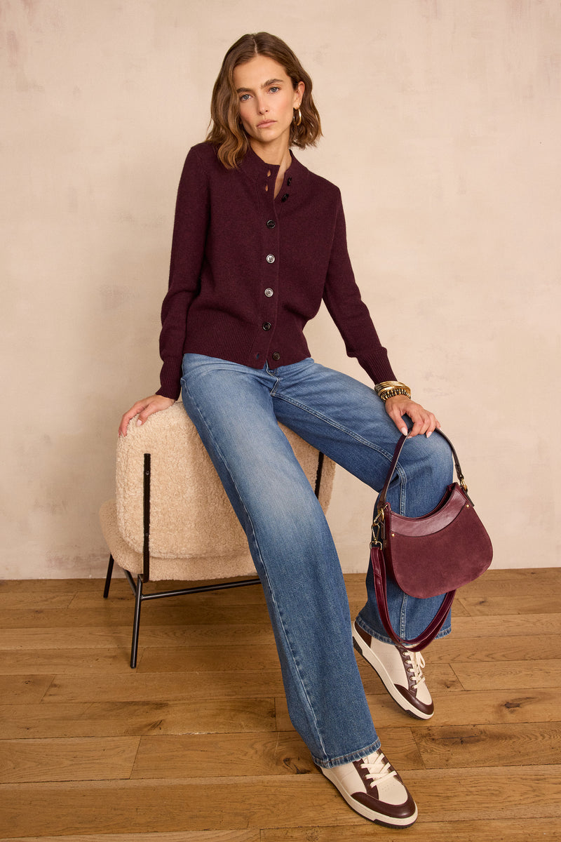 CHRIS WOOL AND YAK AUBERGINE CARDIGAN