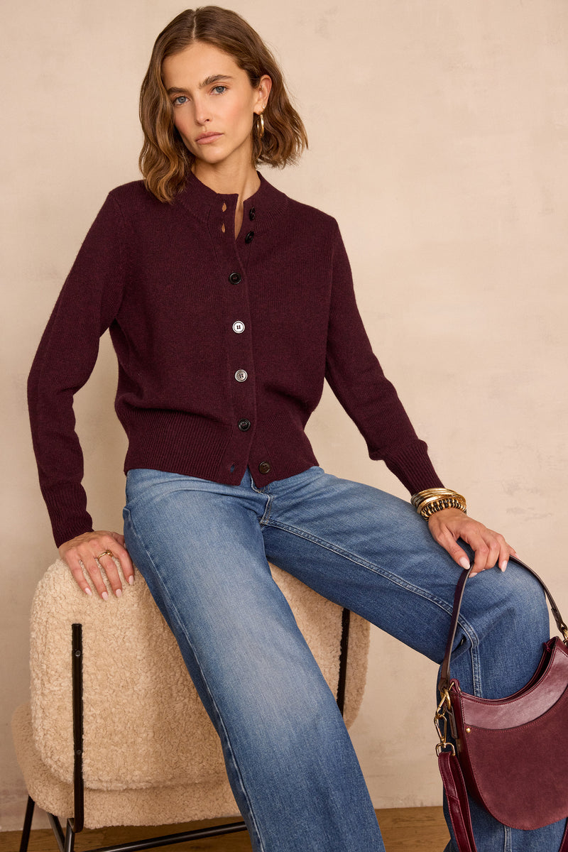 CHRIS WOOL AND YAK AUBERGINE CARDIGAN