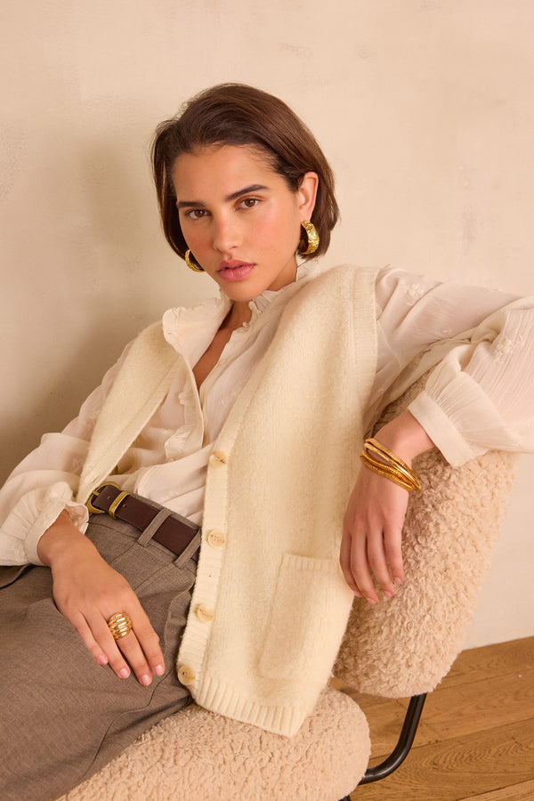 BORIS ECRU WOOL SLEEVELESS CARDIGAN