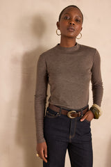 FLYNN HIGH NECK DARK TAUPE T-SHIRT